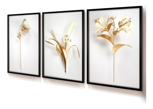 Quadro Decorativo 50x70 Quarto Vidro Trio Floral Branco Ouro