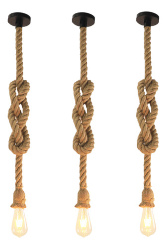 Kit 3 Pendente Corda Soquete Sisal Com Lâmpada Filamento Led Unica