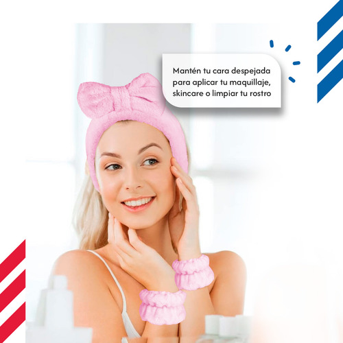 Diler Kit 5 Piezas Diadema Y Muñequeras Para Skincare Maquillaje Mascarilla Spa De Microfibra Moño Color Rosa