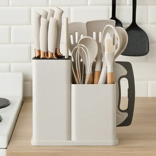 Kit Utensílios De Cozinha Em Silicone Com Cabo De Madeira Kit10 Branco
