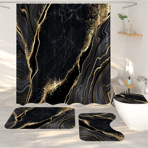 Hzwlfa Juego Cortina Ducha Marmol Negro Baño Dorado Alfombra