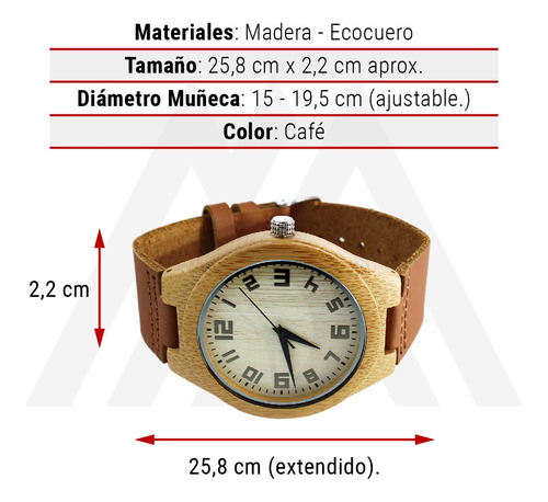 Imagen 4 de 10 de Reloj Madera Correa Cuero Café Con Marcadores Números