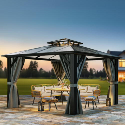 12x14ft Gazebo Hardtop Canopy Outdoor Shelter Double Roo Eem