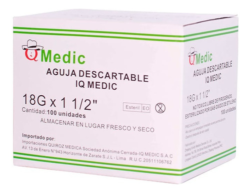 Aguja Descartable Iq Medic 18g X 1 1/2  Caja X100 Und