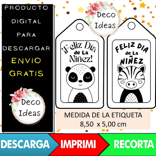 Imagen 4 de 4 de Kit Imprimible Tag Feliz Dia De La Niñez Pdf 1 Blanco/negro