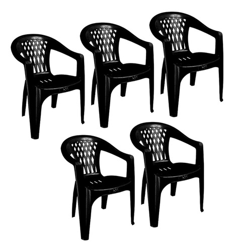 Kit 5 Cadeiras Duoplastic Poltrona Preta Resistente Plástica Cor Preto Liso