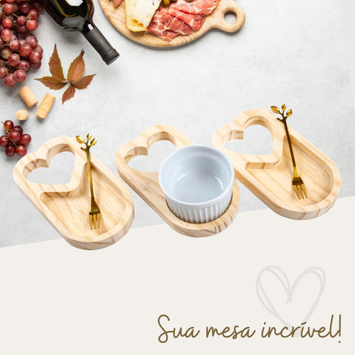Kit Petisqueira De Madeira Com Garfinhos, Ramequim Porcelana