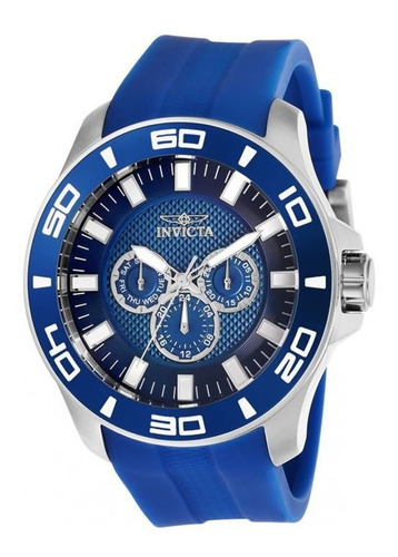 Reloj de pulsera Invicta Pro Diver 28003 de cuerpo color plateado, analógico, para hombre, fondo azul, con correa de silicona color azul, agujas color blanco y plateado, dial blanco y plateado, subesferas color azul y plateado, minutero/segundero blanco, bisel color azul y hebilla simple