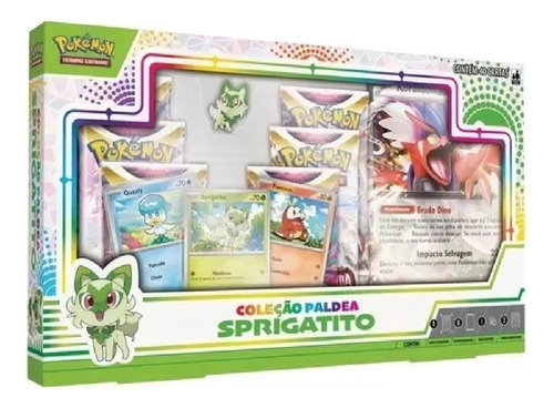 Box Pokemon Colecao Paldea Sprigatito 40 Cartas Broche Metal