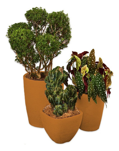 Kit 3 Vaso Polietileno Variados Planta Decoração Jardim Cd40 Cor Ocre