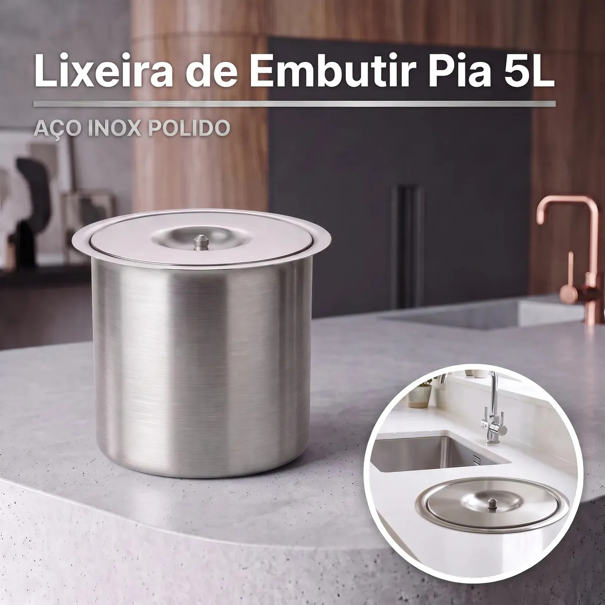 Lixeira Embutir Pia Cozinha Granito Mármore 5l Aço  Inox Polido Balde Alumínio Não Enferruja Cesto De Lixo Embutido Para Bancada Cozinha Planejada Área Gourmet Uso Doméstico Ponte Lar Utilidades