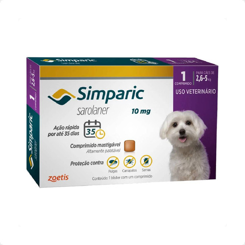 Pastilla antiparasitario para pulgas Zoetis Simparic para perro de 2.6kg a 5kg