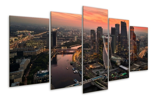 Quadro Grande 5 Peças Moscou Prédios Noite Cidade 