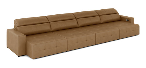 Sofá Retrátil 404cm 4 Módulos Nero Com Usb Couro Caramelo