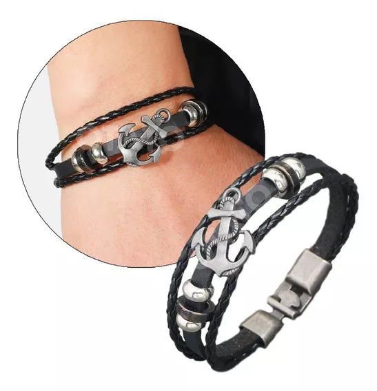 Pulsera Hombre Cuero Genuino Dije Ancla Brazalete Hombres