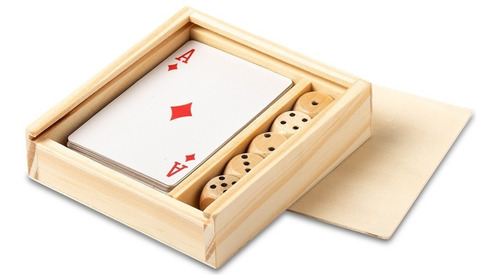 Set Juego Cartas Dados Con Estuche Madera De Tapa Deslizable