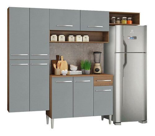 Armário de Cozinha Completa Modulada 229cm Rc Emilly Fit Madesa Cor Rustic/Cinza