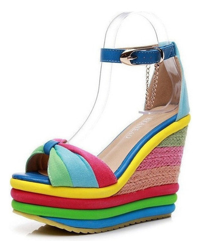 Sandalias Cuñas Altas Multicolor Patchwork Peep Toe Tacón Al