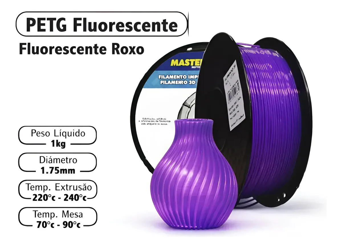 Filamento 3d Petg Masterprint Cores Roxo Fluorescente