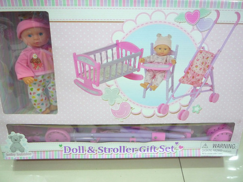 Set De Muñeca,coche,silla Para Comer Y Cuna