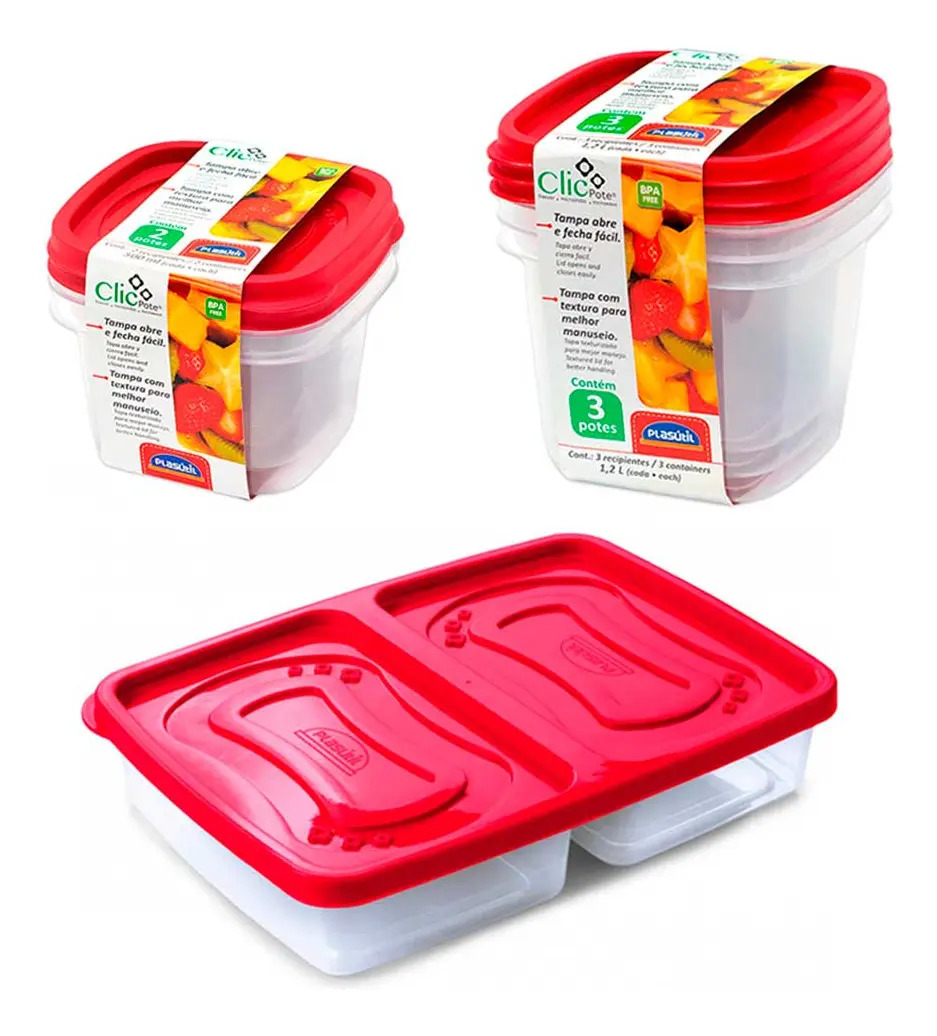 6 Pote Alimentos Com Tampa Porta Frios Frutas Lanche Vasilha Cor Vermelho