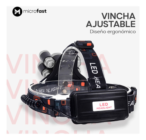 Imagen 6 de 8 de Linterna Vincha Cabeza Minero 5 Led Recargable Zoom Camping