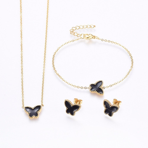 Set Collar + Aretes + Pulsera Dorado Con Dijes De Mariposa