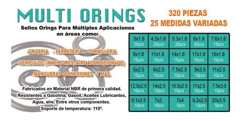 Kit Juego Sellos Orings Orrin Surtidos (320 Pzs-25 Medidas) 