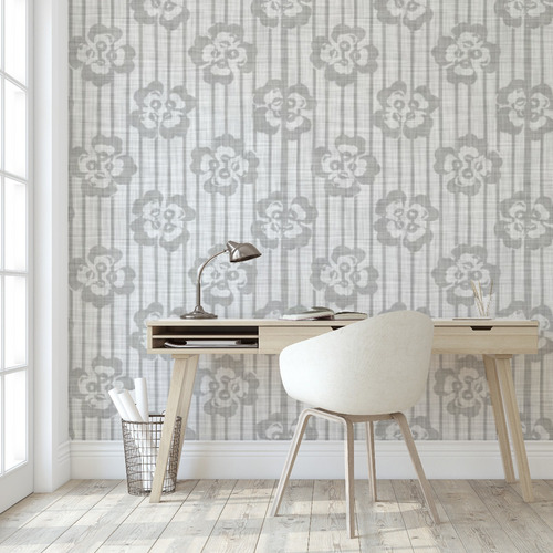 Empapelado Vinilo Mural Pared Simil Textil Flores Rayas Gris