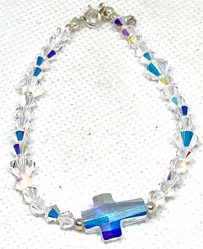 Pulsera Cristal Swarovski Cruz Pasante 19 Cm Y  Plata 925