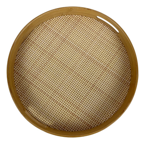 Bandeja Bambu Queimado Textura Xadrez Redonda 35cm Oikos
