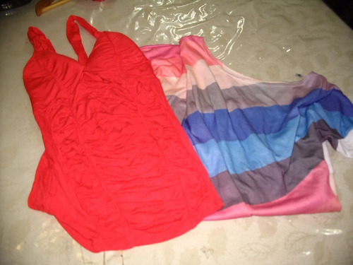 Lote 2 Remeras Roja Corset Basica Y Rallada Un Solo Hombro