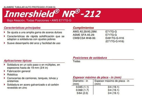 Imagen 3 de 5 de Alambre Flux (sin Gas) Lincoln Innershield 1,1 Mm 4.5kg
