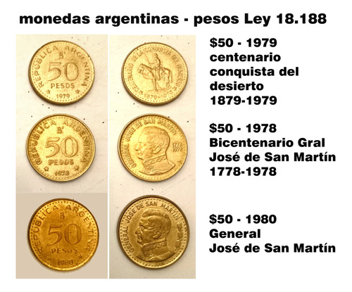 3 Monedas Antiguas Argentinas $50 Ley18.188 - 1978-1979-1980