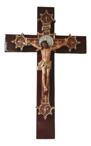 Cristo, Cruz De Pared Con Medalla De San Benito 44 Cm Resina
