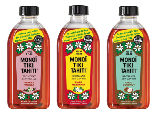Pack 3 Monoi Tiki Tahiti Tiare Vainilla Coco Bronzant 120ml