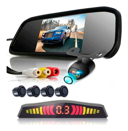 Kit Retrovisor Lcd C/camera Visao Colorida + Sensor Re Preto