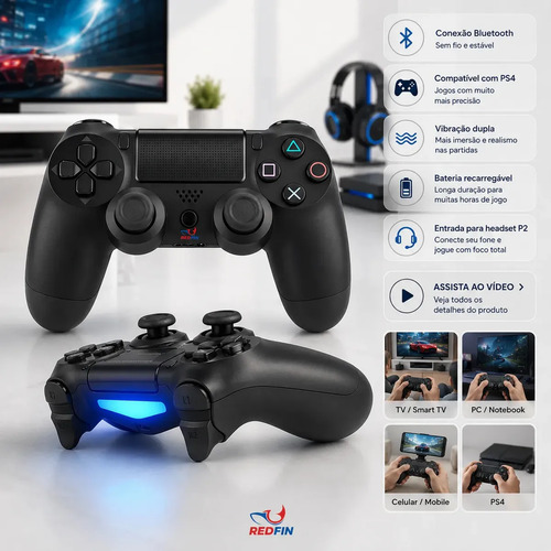 Controle Sem Fio Bluetooth Para Ps4 Videogame Joystick Tv Samsung Pc P4 Ps 4 Dual Shock Manete Pc Gamer Controle Bluetooth Tv Smart Sem Fio Celular Headset Com P2 Cor Preto - Marca REDFIN