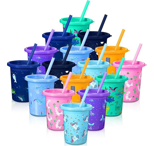 16 Vasos Plastico Para Niños Con Tapas Y Pajillas Vasos 10 O