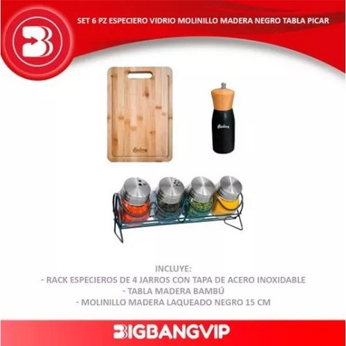 Set 6 Pz Especiero Vidrio Molinillo Madera Negro Tabla Picar