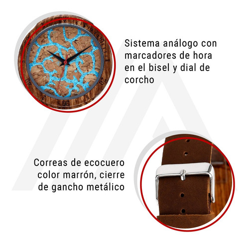 Imagen 8 de 10 de Reloj Para Hombre Madera Y Corcho Con Bisel Grabado
