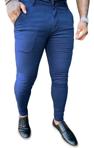 Calça Alfaiataria Skinny Acetinada Sarja Azul Marinho Homem