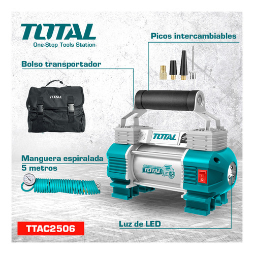 Compresor De Aire Portatil Total Doble Pistón Color Turquesa/Plateado Fase eléctrica Monofásica Frecuencia 50 Hz