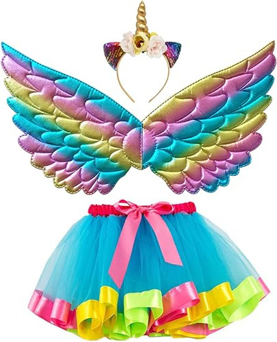 Disfraz Tutu Arcoiris Para Niñas Con Diadema Unicornio Y Ala