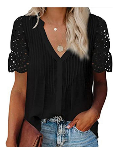 Blusa De Manga Corta Con Encaje De Gasa Fruncida Para Mujer