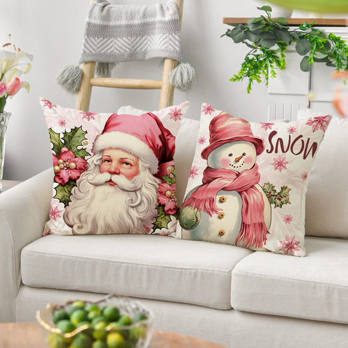 4 Fundas De Cojín De Lino De Papá Noel Rosa Navideño