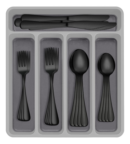 Juego De Cubiertos Negros De 60 Piezas Con Organizador, Jueg