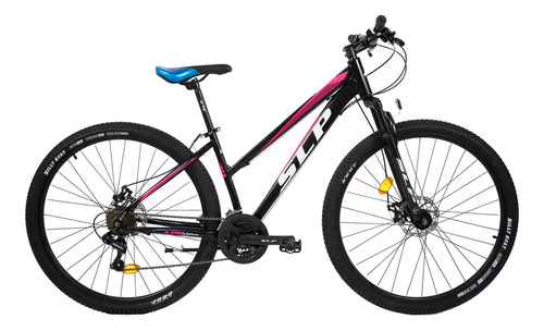 Mountain bike femenina SLP 5 Pro Woman  2023 R29 M18 21v frenos de disco mecánico color negro/rosa/blanco con pie de apoyo  