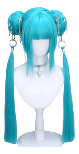 Peluca Azul Turquesa De Coletas Con Argoya Moda Harajuku Tamaño De La Base 65cm