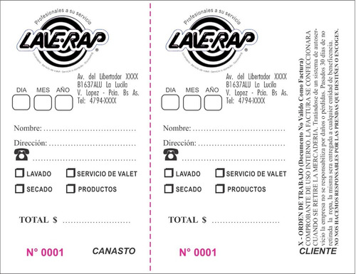 10 Talonarios - Ticket - Valet Lavadero 2 Cupones Numerados